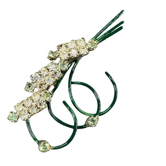 Vintage Enamel Brooch with Light Green and Clear Rhinestones - Picture 1 of 8